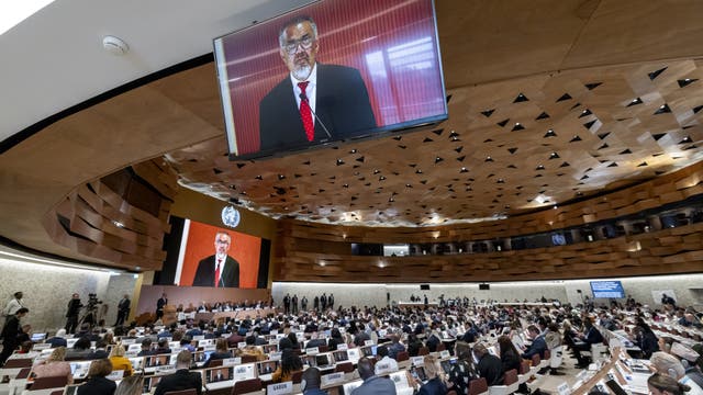 Ein großer Konferenzsaal mit vielen Delegierten, die an Tischen sitzen. An der Decke hängt ein großer Bildschirm, der einen Redner in einem schwarzen Anzug und roter Krawatte zeigt. Der Raum ist modern gestaltet mit einer hölzernen Deckenverkleidung. Im Hintergrund sind weitere Bildschirme und Kamerateams zu sehen. Die Atmosphäre ist formell und konzentriert, typisch für eine internationale Konferenz oder Versammlung.
