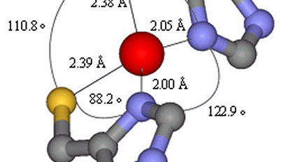 Methanobactin bildet eine Pyramide, in die das Kupfer-Ion eingeschlossen ist.