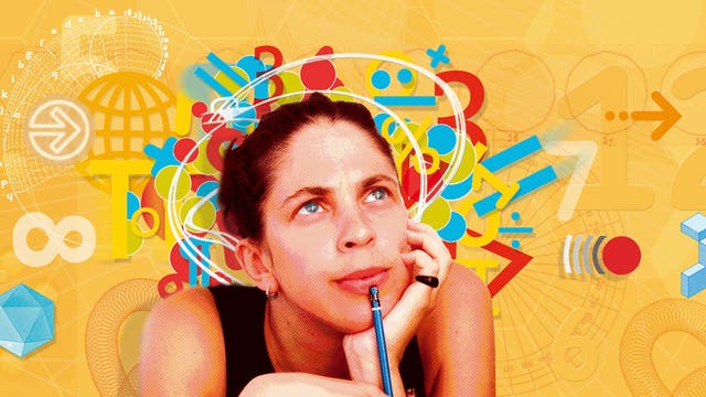 Eine Frau schaut nachdenklich nach oben, während sie einen Stift an ihre Unterlippe hält. Der Hintergrund ist mit bunten mathematischen Symbolen und Formen wie Zahlen, geometrischen Figuren und Formeln gefüllt. Diese Darstellung vermittelt Kreativität und Nachdenken über die Welt und über Konzepte.