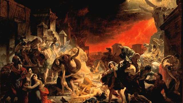 Gemälde des russischen Malers Karl Brjullow »Der letzte Tag von Pompeji« aus den Jahren 1830 bis 1833. Es zeigt Menschen auf der Flucht vor dem Ausbruch des Vesuvs.