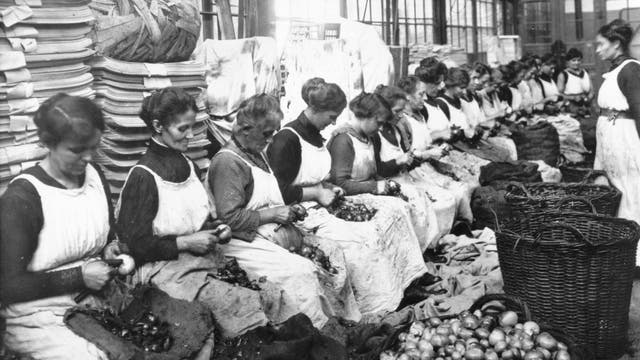 Frauen, die in einer Konservenfabrik arbeiten, schälen massenhaft Zwiebeln. Das Bild entstand während des Ersten Weltkriegs.
