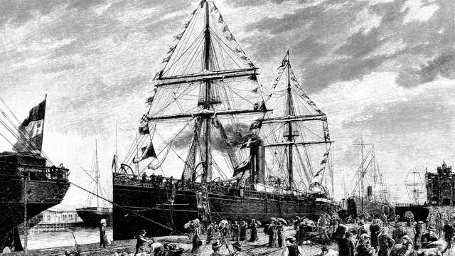 Der Holzstich aus dem 19. Jahrhundert zeigt das Auswandererschiff »Mosel« in Bremerhaven. 