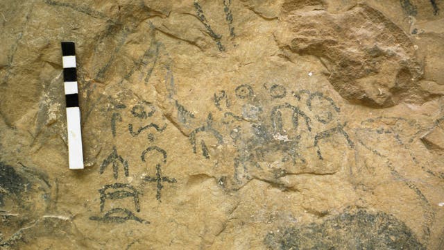 Felswand mit alten Petroglyphen, die menschliche Figuren und Symbole darstellen. Links im Bild befindet sich ein Maßstab mit schwarzen und weißen Markierungen zur Größenbestimmung. Die Petroglyphen sind in dunkler Farbe auf dem hellen Gestein gezeichnet.