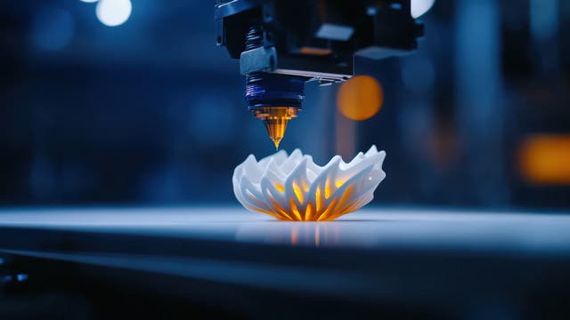 Ein 3-D-Drucker erstellt ein komplexes, blütenförmiges Objekt aus weißem Material. Der Druckkopf ist in Aktion zu sehen, während das Objekt auf einer glatten Oberfläche liegt. Die Szene ist in einem blauen Licht gehalten, das dem Bild eine futuristische Atmosphäre verleiht. Im Hintergrund sind unscharfe Lichter zu erkennen.