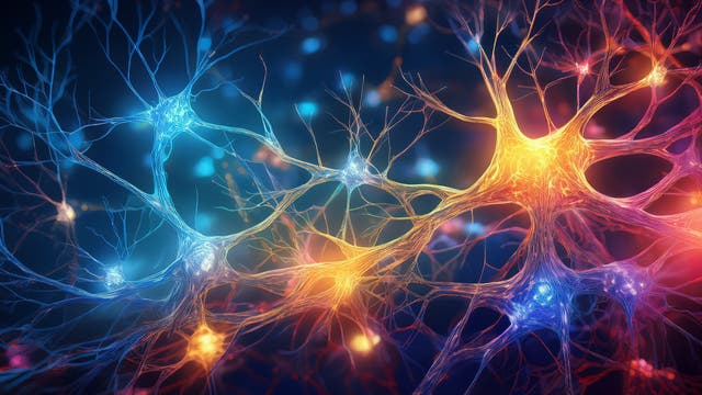 Illustration von neuronalen Netzwerken im Gehirn. Die Neurone sind in leuchtenden Farben dargestellt, wobei blaue und orangefarbene Töne dominieren. Die Verbindungen zwischen den Nervenzellen sind als feine Linien sichtbar, die ein komplexes Geflecht bilden. Der Hintergrund ist dunkel. Das Bild veranschaulicht die Struktur und Vernetzung von Neuronen.