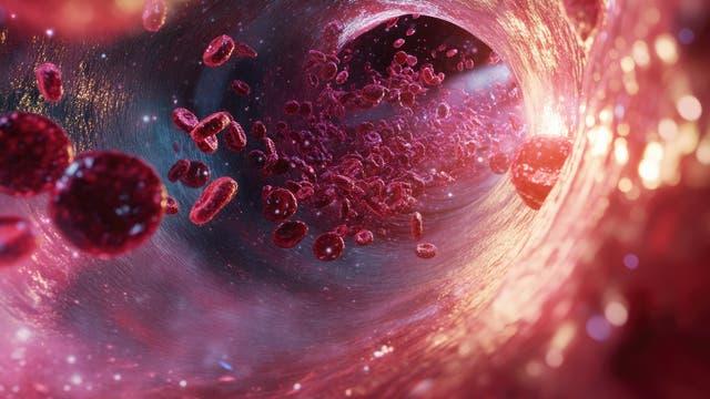 Darstellung eines Blutgefäßes mit zahlreichen roten Blutkörperchen, die durch den Tunnel strömen. Die Innenwand des Gefäßes ist detailliert texturiert und reflektiert Licht, was die Bewegung und Dynamik der Blutzellen betont. Die Szene vermittelt ein Gefühl von Fluss und Vitalität, typisch für ein anatomisches Diagramm.