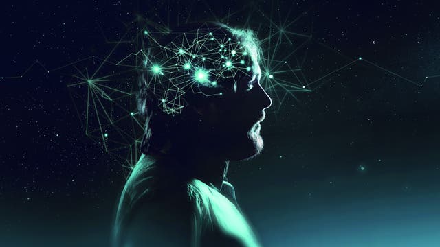 Profil eines Mannes mit symbolischen Neuronen leuchtend vor dunklem Hintergrund dargestellt.
