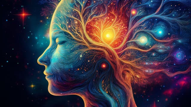 Eine Illustration eines menschlichen Profils, das in leuchtenden Farben gestaltet ist. Das Gesicht ist mit einem Netzwerk aus Linien und leuchtenden Punkten durchzogen, die an neuronale Verbindungen erinnern. Ein heller, leuchtender Punkt im Kopfbereich symbolisiert möglicherweise Kreativität oder Gedanken. Der Hintergrund ist dunkel mit bunten, sternartigen Lichtpunkten, die eine kosmische Atmosphäre schaffen.