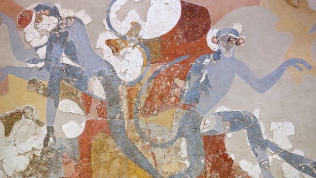MInoisches Fresko mit blauen Affen aus Akrotiri auf Santorin, um 1600 v. Chr. (Raum 6 im Hauskomplex Beta)