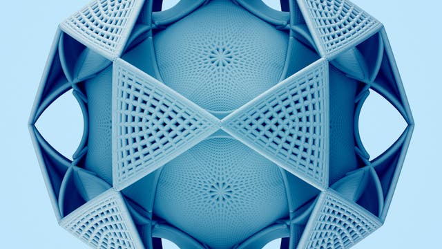 Eine komplexe 3-D-Darstellung eines geometrischen Objekts mit symmetrischen, ineinandergreifenden Mustern und offenen Strukturen. Die Oberfläche besteht aus dreieckigen und sechseckigen Elementen mit einem gitterartigen Design. Die Farbgebung ist einheitlich in verschiedenen Blautönen gehalten, was dem Objekt ein futuristisches Aussehen verleiht. Der Hintergrund ist einfarbig hellblau, was den Fokus auf die detaillierte Struktur des Objekts lenkt.