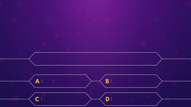 Ansicht einer Anzeigemaske einer Gameshow mit verschiedenen Antwortoptionsfeldern A bis D auf lila Hintergrund.