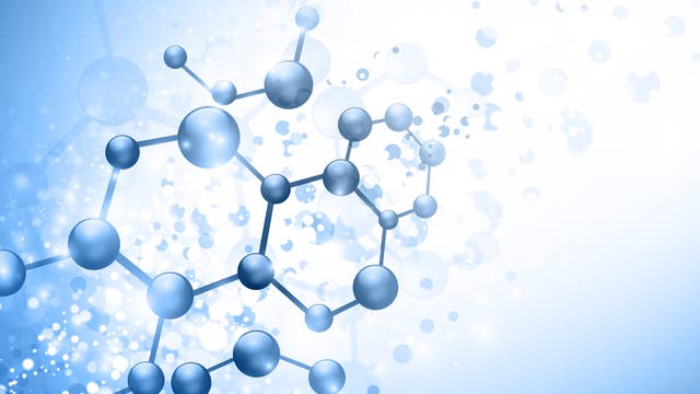 Illustration von Molekülen vor blauem Hintergrund mit hellem Verlauf in der Mitte.