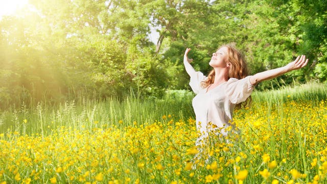 Junge Frau auf einer Sommerwiese breitet die Arme weit aus und genießt die Sonne