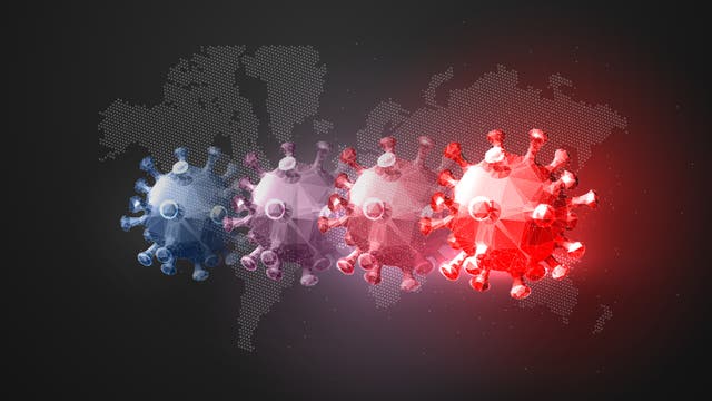 Darstellung dreier Viren mit Farbverlauf von blau zu rot, um die Evolution der Virusvarianten zu veranschaulichen, im Hintergrund eine vereinfachte Weltkarte.