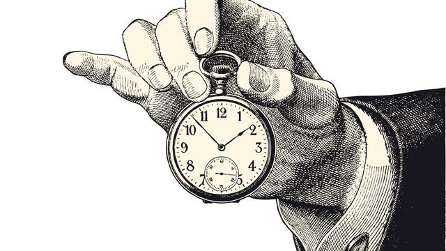 Zeichnung einer Hand, die eine Taschenuhr zum Betrachter hält