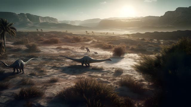 Eine prähistorische Landschaft bei Sonnenuntergang mit mehreren Dinosauriern, darunter zwei große Pflanzenfresser im Vordergrund und zwei kleinere Dinosaurier in der Mitte. Die Umgebung ist eine weite, trockene Ebene mit spärlicher Vegetation und fernen Bergen im Hintergrund. Die Szene vermittelt eine ruhige, urzeitliche Atmosphäre.