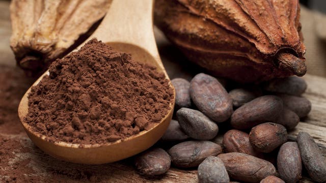 Zwei Kakaofrüchte mit daneben liegenden Kakaobohnen und Kakaopulver, das sich auf einem Holzlöffel befindet auf hölzernem Untergrund.