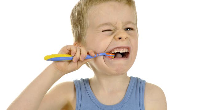Ein kleiner Junge beim Zähneputzen vor weißem Hintergrund