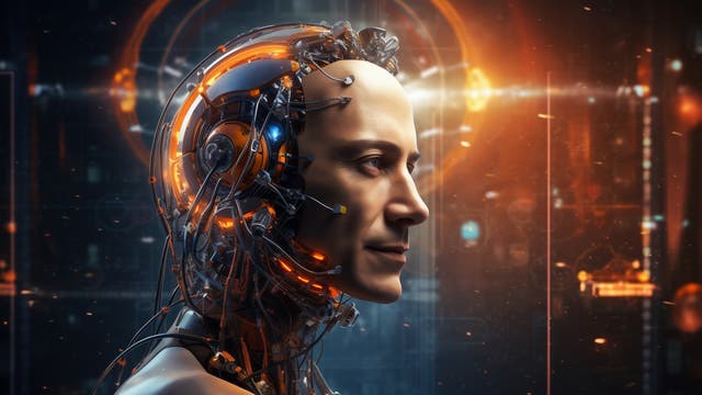 Cyborg mit menschlichem Gesicht und offener Rückseite, bei der man das technische Innere erkennen kann.