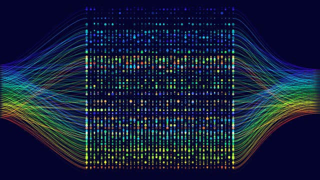 Ein farbenfrohes Flussdiagramm auf dunklem Hintergrund zeigt eine Vielzahl von Linien, die von links und rechts in ein zentrales Raster aus Punkten münden. Die Linien und Punkte sind in Regenbogenfarben gehalten, was auf eine komplexe Datenverarbeitung oder Netzwerkverbindung hinweist. Die Struktur betont die Verbindung und den Fluss von Informationen durch das System.