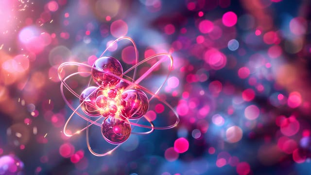 Illustration einer Atomdarstellung mit etwas ähnlichem wie Orbitale drumherum, alles in pink und blau