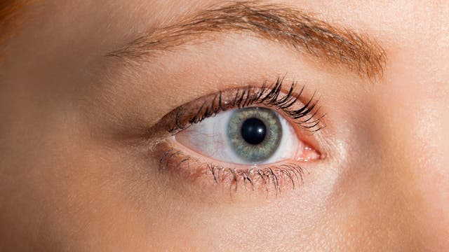 Nahaufnahme eines menschlichen Auges mit grüner Iris und klaren Details der Wimpern und Augenbrauen. Die Haut um das Auge ist gut sichtbar, ohne weitere Elemente oder Text im Bild.