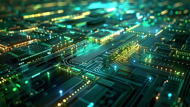 Eine Nahaufnahme einer beleuchteten Leiterplatte mit leuchtenden grünen und gelben Schaltkreisen und Komponenten. Die komplexen Muster und Verbindungen symbolisieren moderne Technologie und Elektronik.