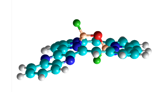 Eines der Porphysin-Bor-Sauerstoff-Akamptisomere. Sauerstoff ist rot, Bor rosa, Fluor hellgrün und Stickstoff blau.
