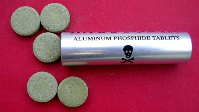 Eine silberne Röhre mit der Aufschrift "Aluminum Phosphide Tablets" liegt auf einem roten Hintergrund. Neben der Röhre sind mehrere runde, graue Tabletten zu sehen. Auf der Röhre ist ein Totenkopf-Symbol abgebildet, das auf die Gefährlichkeit des Inhalts hinweist.
