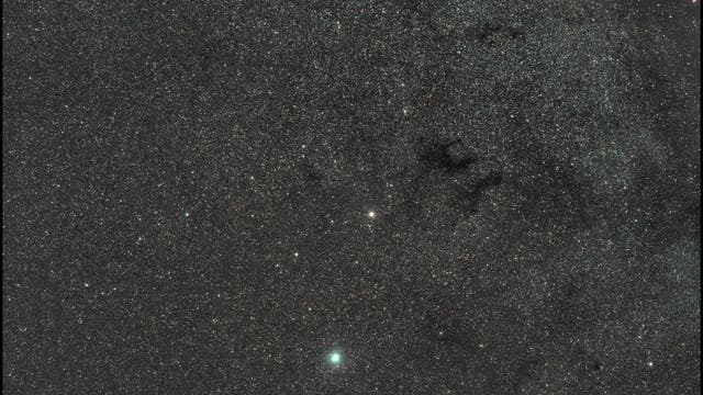 Die benachbarten Dunkelwolken B 142/143 verdecken dahinter liegende Sterne. Die Form des verdunkelten Bereichs erinnert an den Buchstaben E.