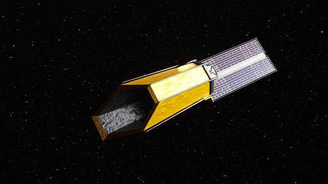 Ein goldener Satellit mit rechteckigem Körper und großen Solarpaneelen schwebt im Weltraum vor einem Hintergrund aus zahlreichen Sternen. Der Satellit ist in einem Winkel positioniert, der seine Struktur und die reflektierende Oberfläche der Paneele zeigt.