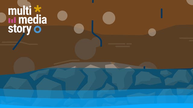Grafische Darstellung eines geologischen Querschnitts mit verschiedenen Erdschichten. Oben links steht der Text "multimedia story" in verschiedenen Farben. Die braune Schicht zeigt Gestein und Erde, während die blaue Schicht unten Wasser darstellt. Keine Personen sind abgebildet.