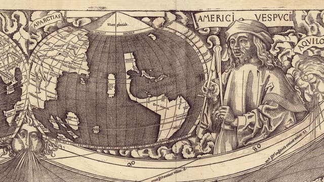 Ausschnitt aus der Waldseemüllerkarte: Vespucci blickt auf den neuen Kontinent