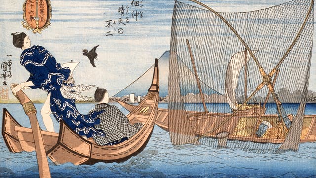 Boote am Berg Fuji. Farbiger Holzdruck von Utagawa Kuniyoshi, 19. Jahrhundert.