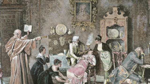 Ein Geistlicher führt an einem Mädchen einen Exorzismus durch. Kolorierter Stich von C. Penoso aus dem Jahr 1878.