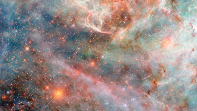 Aufnahme des Weltraumteleskops Hubble von Sternen und interstellaren Wolken in der Großen Magellanschen Wolke, einer nahen Nachbargalaxie