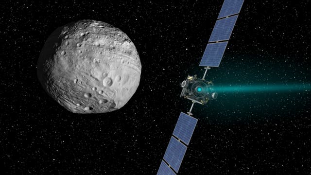 Künstlerische Darstellung der NASA-Raumsonde Dawn vor dem Asteroiden Vesta