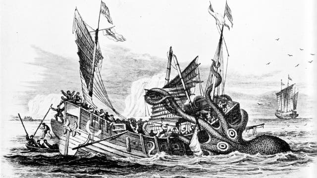 Riesenkalmar attackiert Handelsschiff, von Pierre Denys de Montfort