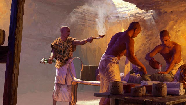 Zwei Balsamierer mumifizieren einen Toten, ein Priester begleitet den Prozess mit Ritualen (Illustration).