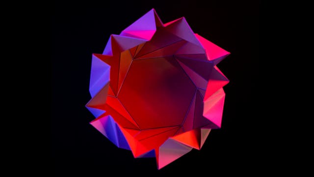 Eine 3D-Darstellung eines geometrischen Objekts mit einer komplexen, sternförmigen Struktur. Die Oberfläche besteht aus dreieckigen Facetten, die in verschiedenen Rottönen und Violett beleuchtet sind. Die Beleuchtung erzeugt einen dynamischen Farbverlauf, der die dreidimensionale Form betont. Der Hintergrund ist dunkel, wodurch das Objekt hervorgehoben wird.