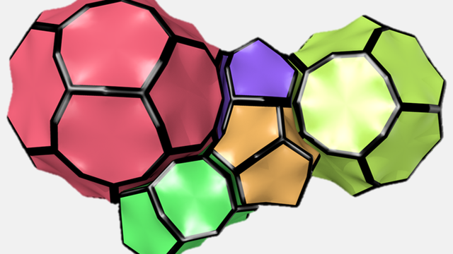 Polyedrische Elemente der MOF-Struktur. Jeder dreiarmige Eckpunkt der gezeigten Polyeder entspricht einem organischen Linker. Im Mittelpunkt jeder Kante sitzt eine Urandioxid-Einheit