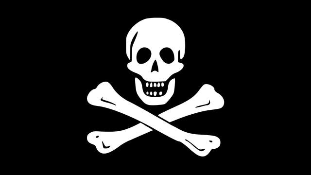 Totenkopfflagge: weißer Schädel mit darunter gekreuzten Beinknochen auf schwarzem Grund