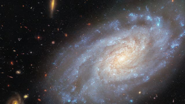 Eine Spiralgalaxie mit leuchtendem Zentrum und ausgedehnten, bläulichen Spiralarmen, die von zahlreichen Sternen und interstellarem Staub durchzogen sind. Umgeben von einem dunklen Weltraumhintergrund mit mehreren kleineren, unscharfen Galaxien und leuchtenden Sternen. Die Galaxie zeigt eine klare Spiralstruktur, die typisch für viele Galaxien im Universum ist.