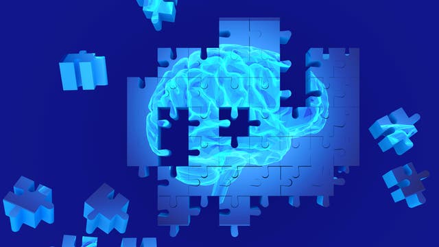 Ein Gehirn mit fehlenden Puzzleteilen auf blauem Grund
