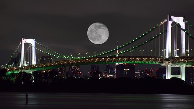 Mond über einer bunt beleuchteten Hängebrücke im Hafen von Tokio