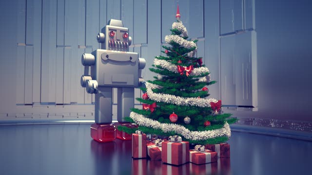 Ein Roboter steht hinter einem Weihnachtsbaum (Illustration)