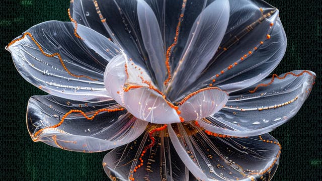 Eine künstlerische Darstellung einer Blume mit durchscheinenden, glasähnlichen Blütenblättern, die von feinen, orangefarbenen Linien durchzogen sind. Der Hintergrund zeigt ein Muster aus wiederholten DNA-Basenpaaren, das eine Verbindung zwischen Kunst und Wissenschaft suggeriert. Die Blume wirkt ätherisch und modern, mit einem Fokus auf organische Formen und wissenschaftliche Elemente.