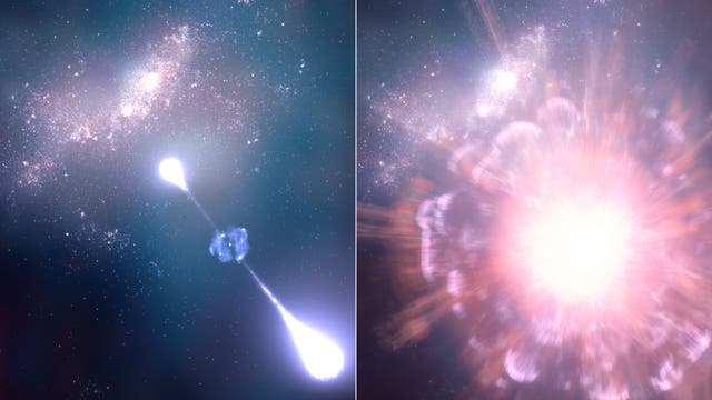 Eine zweigeteilte wissenschaftliche Abbildung zeigt ein astronomisches Ereignis. Links ist eine Galaxie mit einem hellen, strahlenden Jet zu sehen, der von einem zentralen Punkt ausgeht. Rechts wird eine Explosion dargestellt, die eine intensive Lichtblitz und expandierende Materie zeigt. Die Bilder veranschaulichen die Dynamik und Energie eines kosmischen Phänomens im Weltraum. Schlüsselwörter: Galaxie, Jet, Explosion, kosmisches Ereignis.