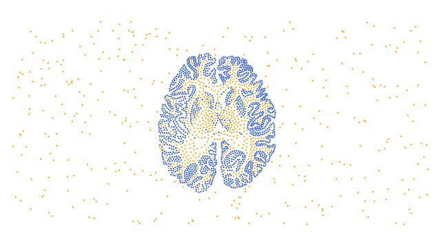 Diagramm eines Gehirns, dargestellt durch blaue und gelbe Punkte, die die Struktur und Komplexität des Organs symbolisieren. Die blauen Punkte formen die Konturen und Windungen des Gehirns, während die gelben Punkte sowohl innerhalb als auch außerhalb des Gehirns verteilt sind, was möglicherweise neuronale Verbindungen oder Aktivität darstellt. Der Hintergrund ist weiß, was den Fokus auf das Punktmuster lenkt.