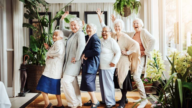 Sechs fröhliche Rentnerinnen stehen in einer Reihe